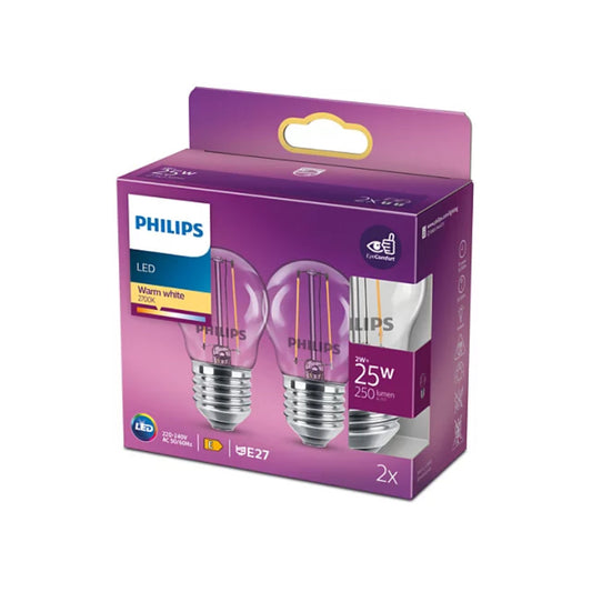 Philips LED Kronepære 2W(25W) 827 250lm Klar E27 2-Pak