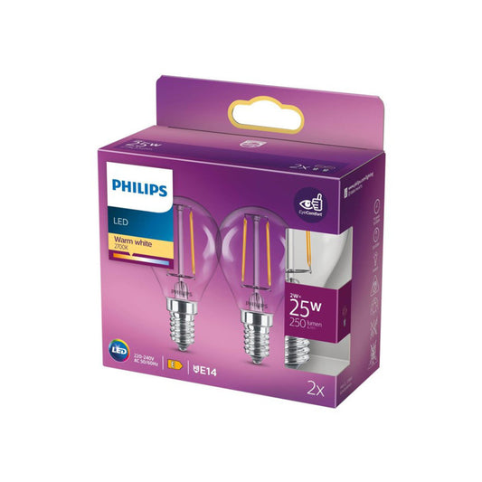 Philips LED Kronepære 2W(25W) 827 250lm Klar E14 2-Pak
