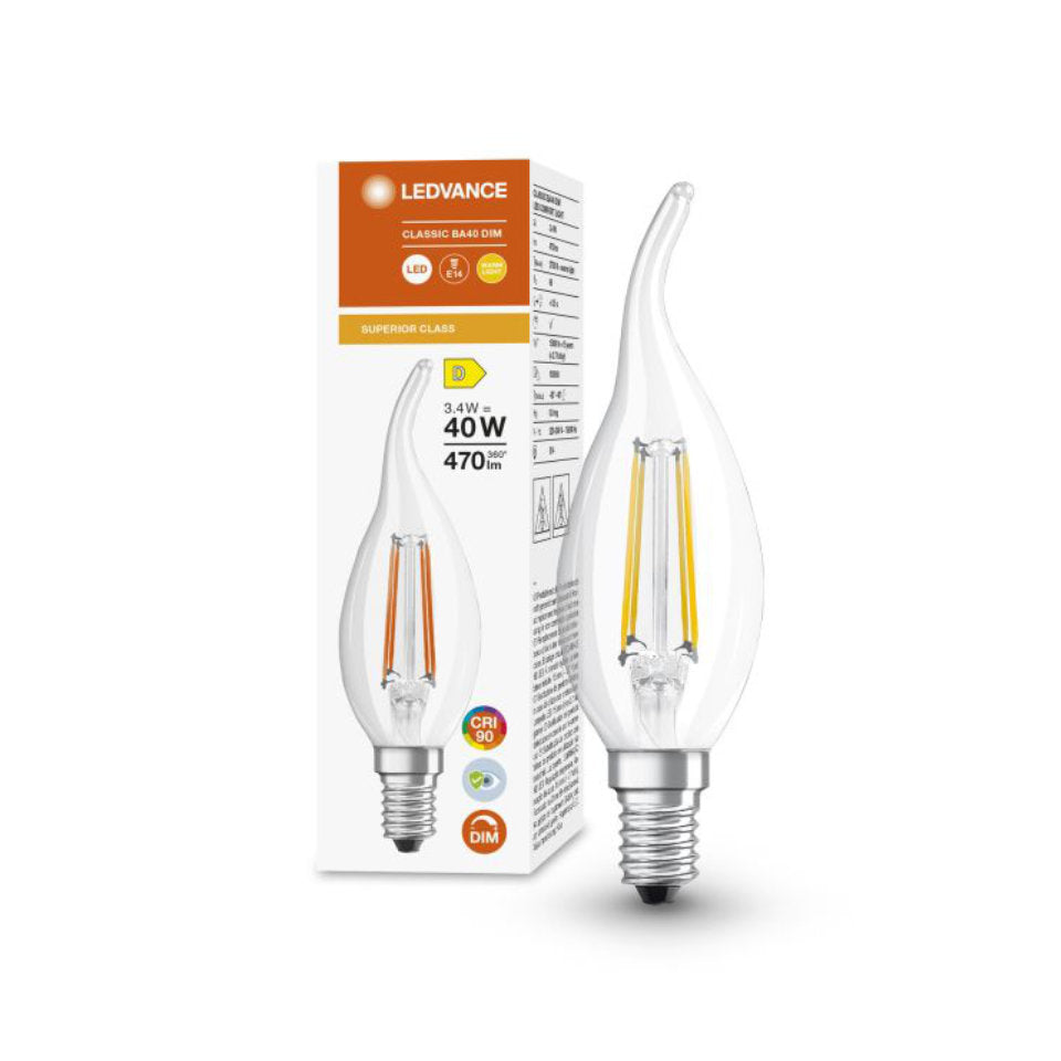 Ledvance LED Kertepære 3,4W(40W) 927 470lm Klar Vindstød E14