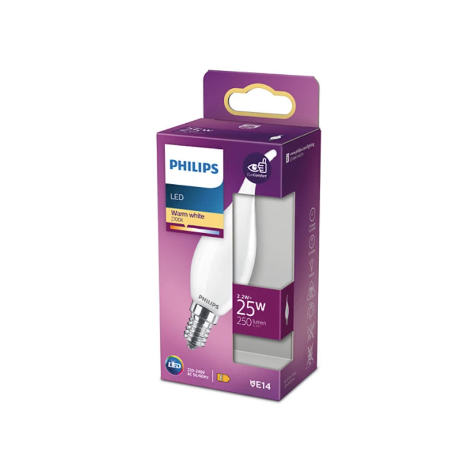 Philips LED Kertepære 2,2W(25W) 827 250lm Mat Vindstød E14