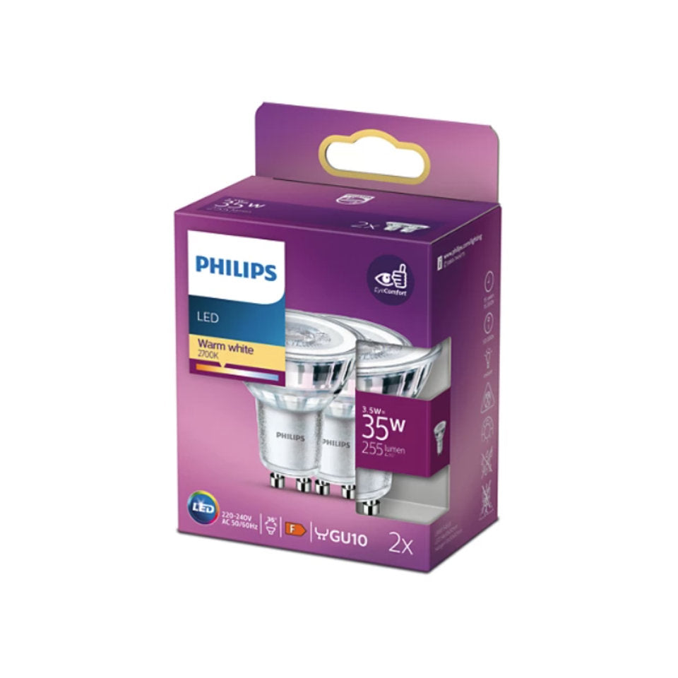 Philips LED GU10 3,5W(35W) 827 255lm 36° Klar 2-Pak