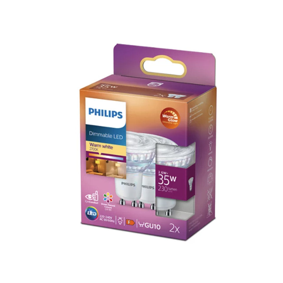 Philips LED GU10 2,6W(35W) 922-927 230lm 36° WarmGlow Klar 2-Pak
