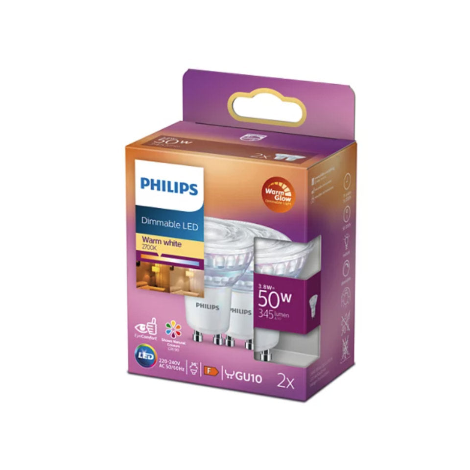Philips LED GU10 3,8W(50W) 922-927 345lm. 36° WarmGlow 2-Pak Klar