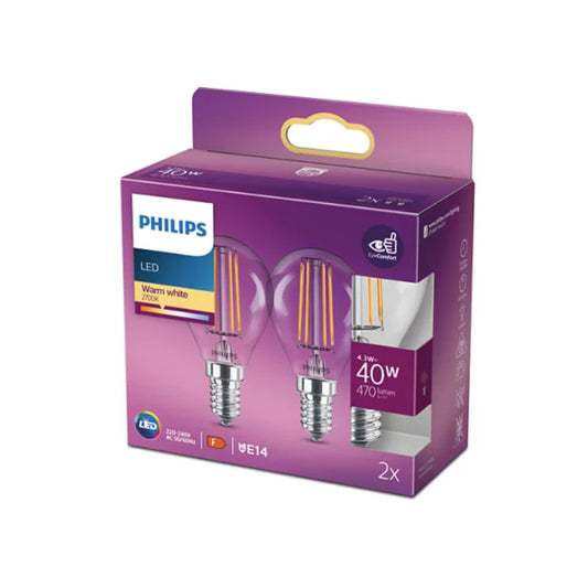 Philips LED Kronepære 4,3W(40W) 827 470lm Klar E14 2-Pak