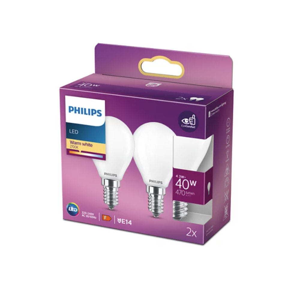 Philips LED Kronepære 4,3W(40W) 827 470lm Mat E14 2-Pak