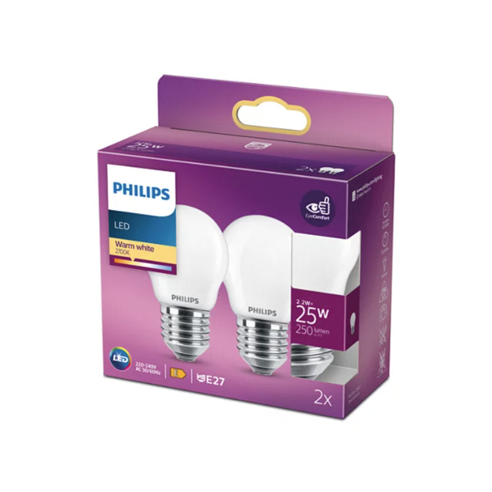 Philips LED Kronepære 2,2W(25W) 827 250lm Mat E27 2-Pak