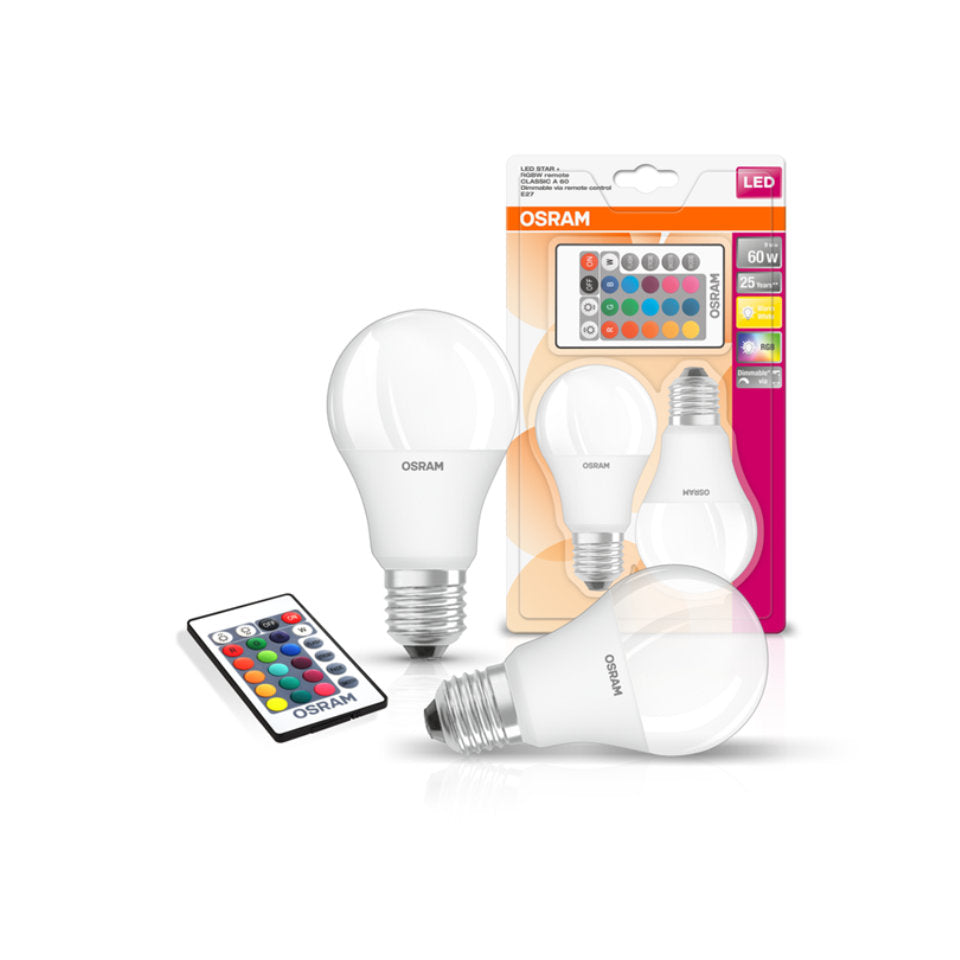 Osram LED Standardpære 9W(60W) 827 806lm RGBW Fjernbetjening Mat E27 2-Pak