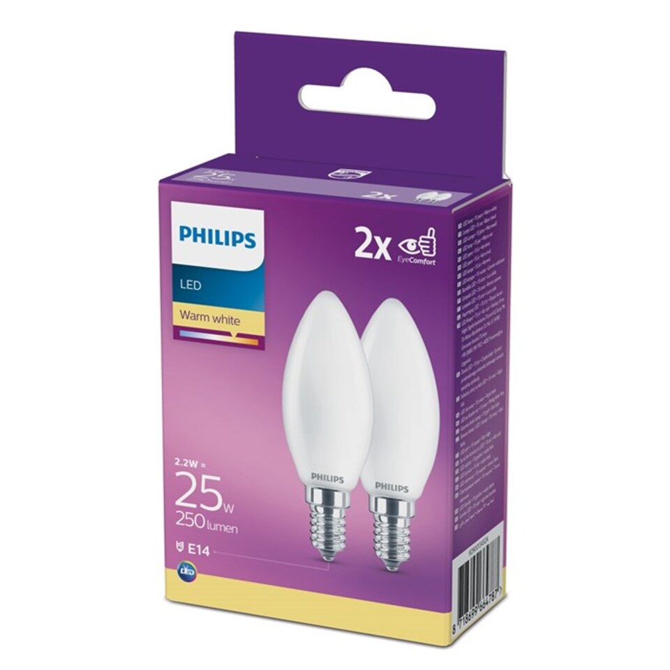Philips LED Kertepære 2,2W(25W) 827 250lm. Opal E14 2-Pak