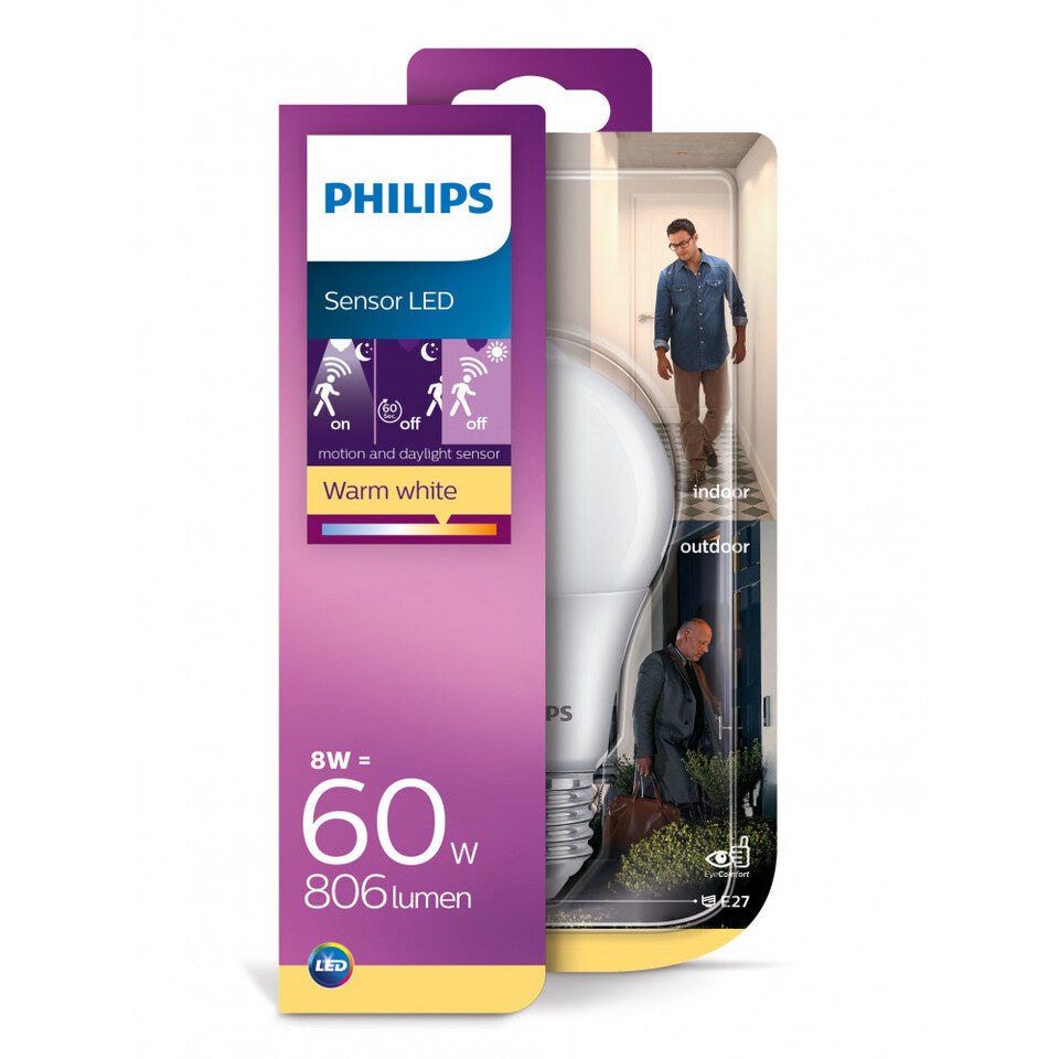 Philips LED Standardpære 8W(60W) 827 806lm. 280° Sensor Opal E27