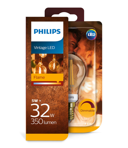 Philips LED Kronepære 5W(32W) 822 350lm. Dim Flame Gold E14