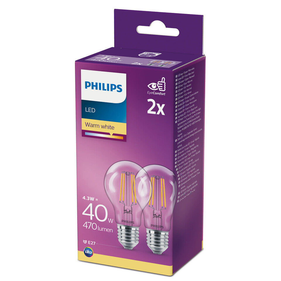 Philips LED Standardpære 4,3W(40W) 827 470lm. Klar E27 2-Pak