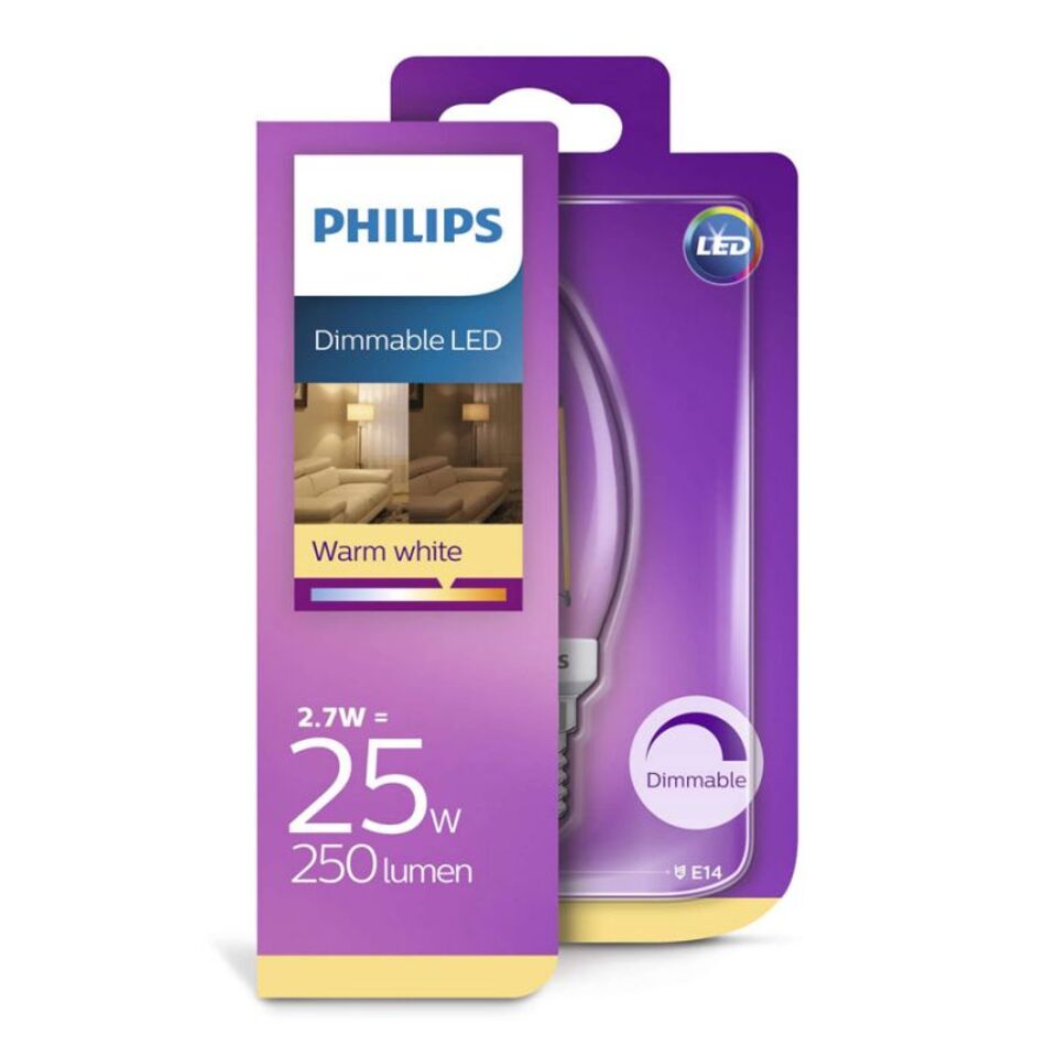 Philips LED Kertepære 2,7W(25W) 827 250lm. Dim Klar E14
