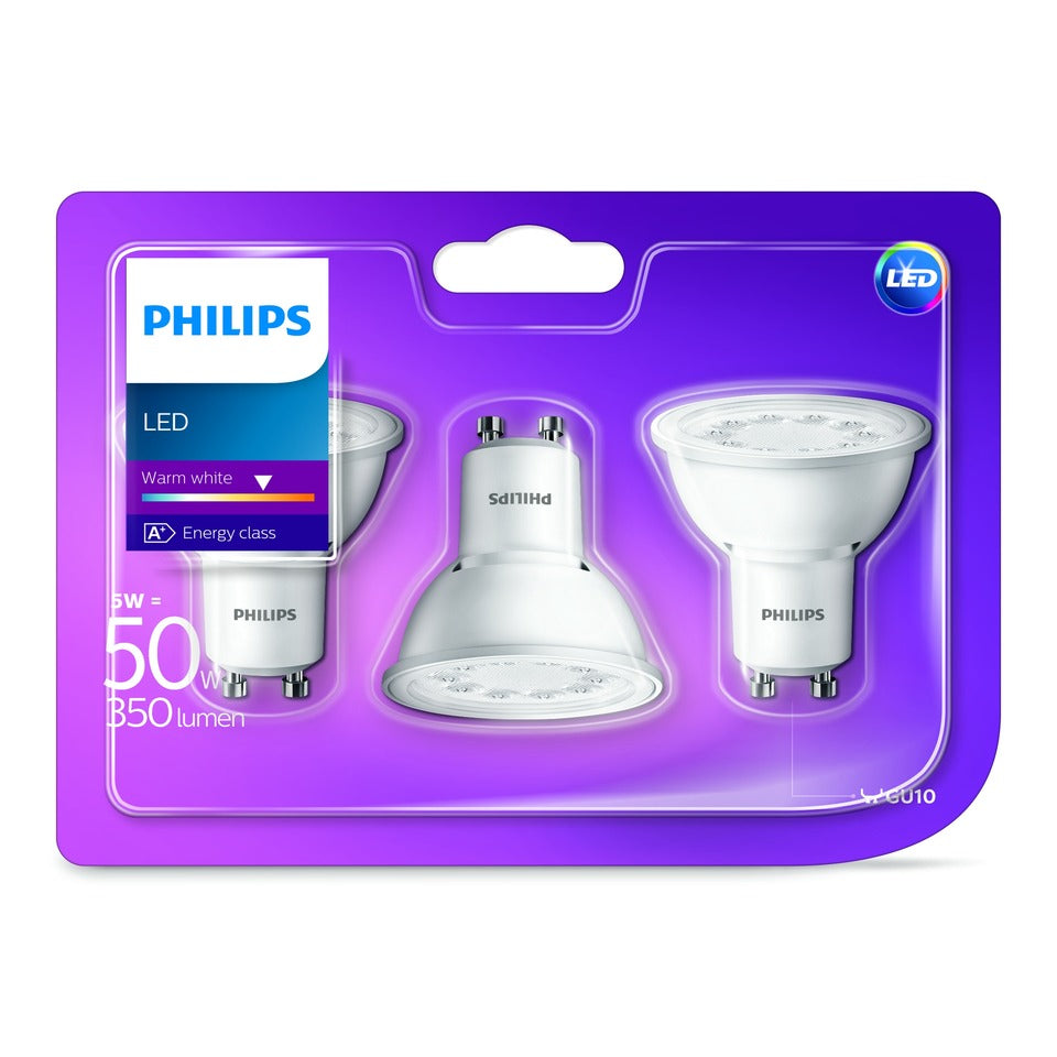 Philips LED GU10 5W(50W) 827 350lm. 36° Hvid 3-Pak