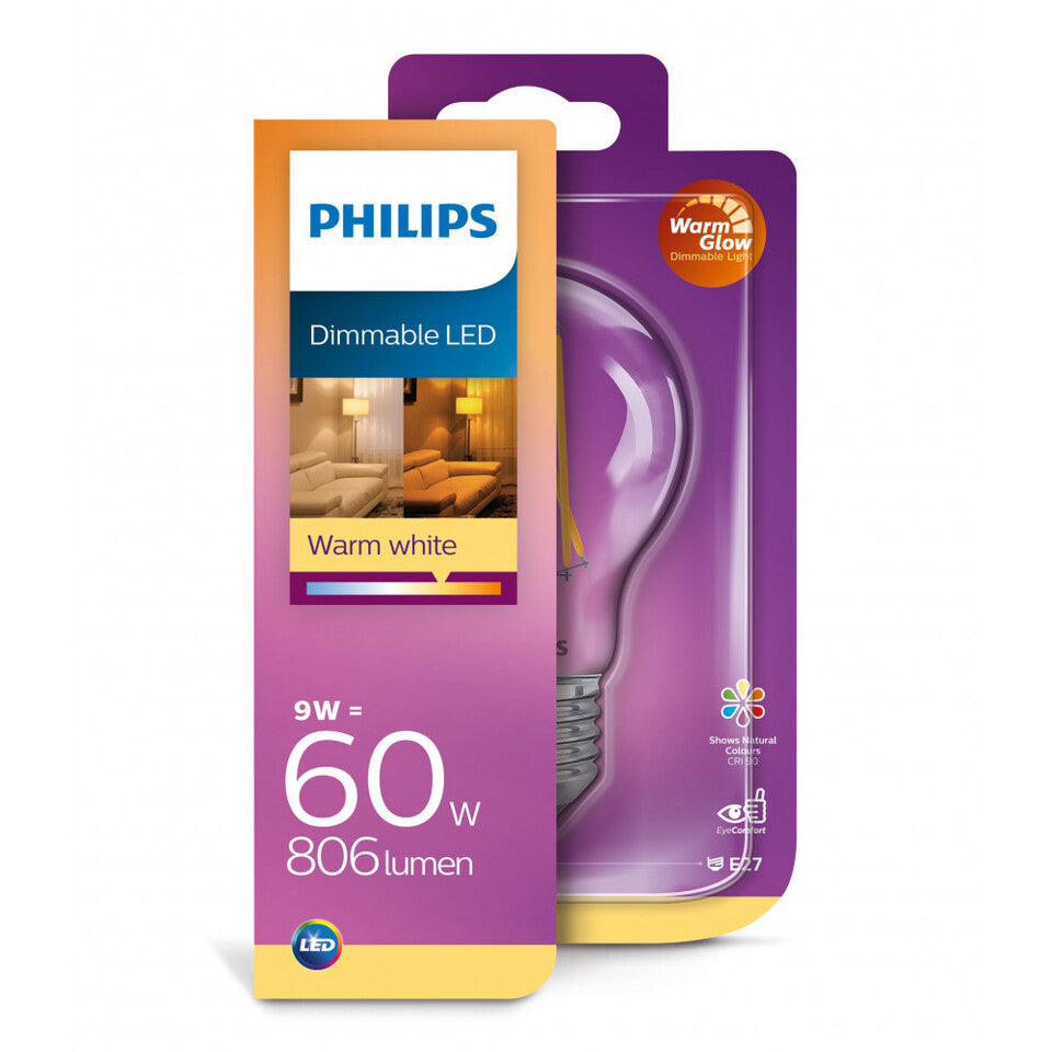 Philips LED Standardpære 9W(60W) 922-927 806lm. GlowDim Klar E27