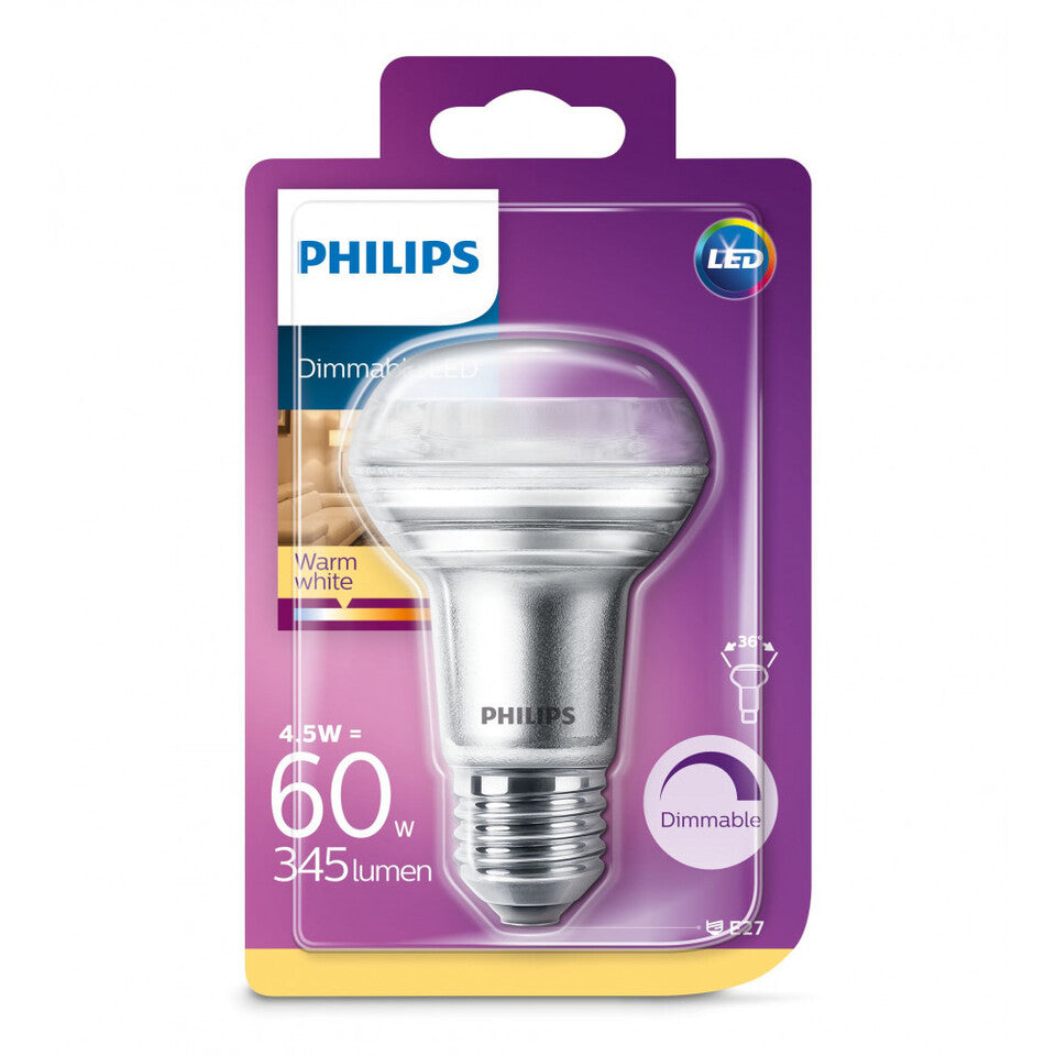 Philips LED Reflektorpære R63 4,5W(60W) 827 410lm. 36° Dim Sølv E27