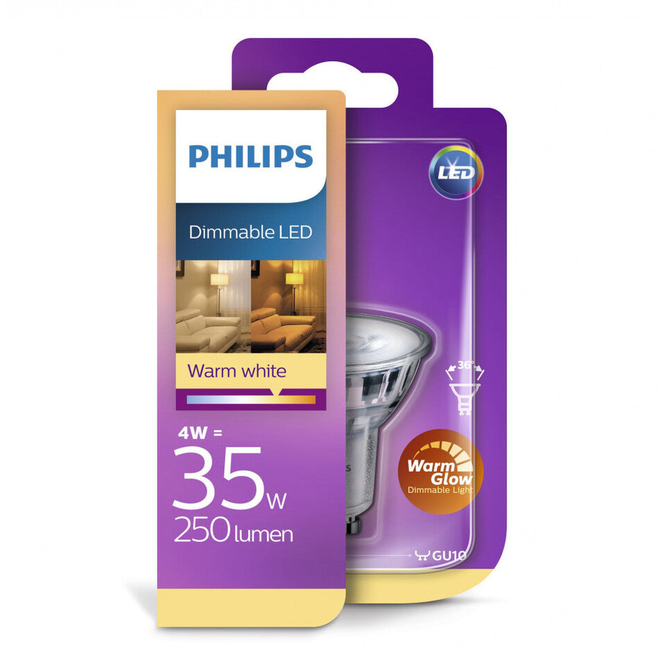 Philips LED GU10 4W(35W) 827 250lm 36° WarmGlow Klar B-VARE