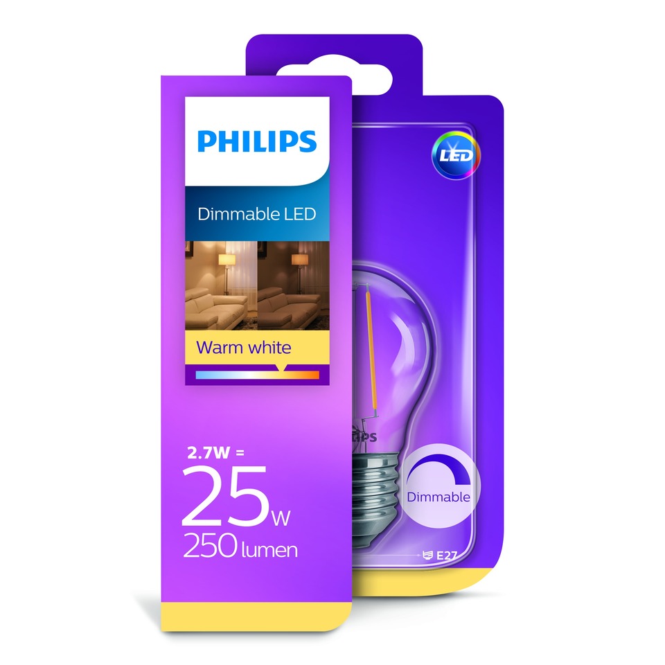 Philips LED Kronepære 2,7W(25W) 827 250lm. Dim Klar E27