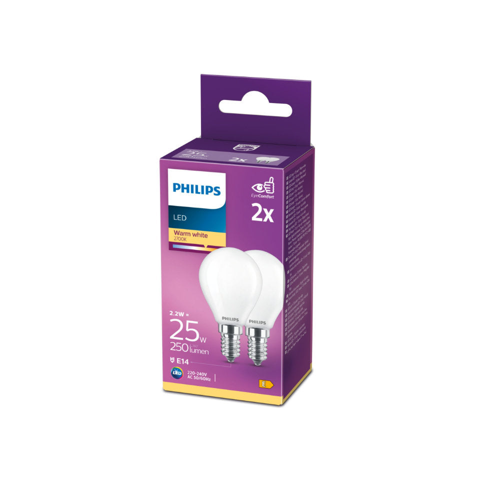 Philips LED Kronepære 2,2W(25W) 827 250lm Mat E14 2-Pak