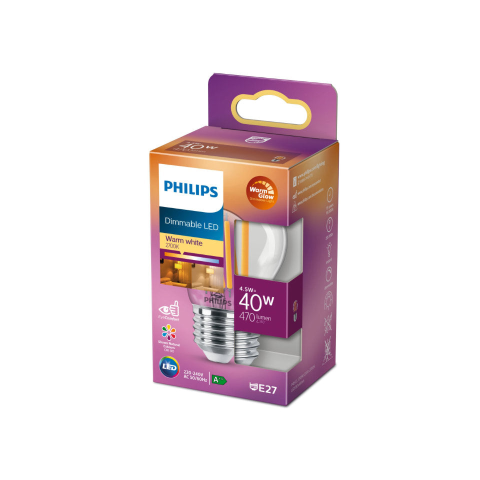 Philips LED Kronepære 4,5W(40W) 922-927 470lm. WarmGlow Klar E27