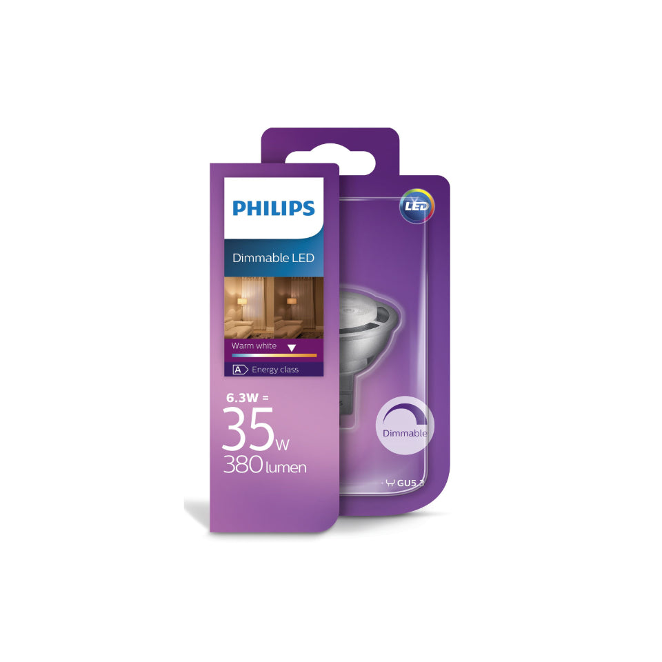 Philips LED MR16 6,3W(35W) 827 380lm 36° Dim 12V Sølv GU5.3