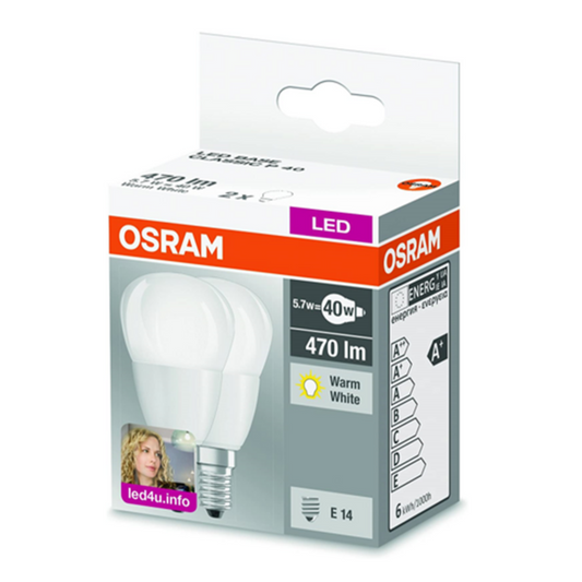 Osram LED Kronepære 5,7W(40W) 827 470lm Opal E14 2-Pak