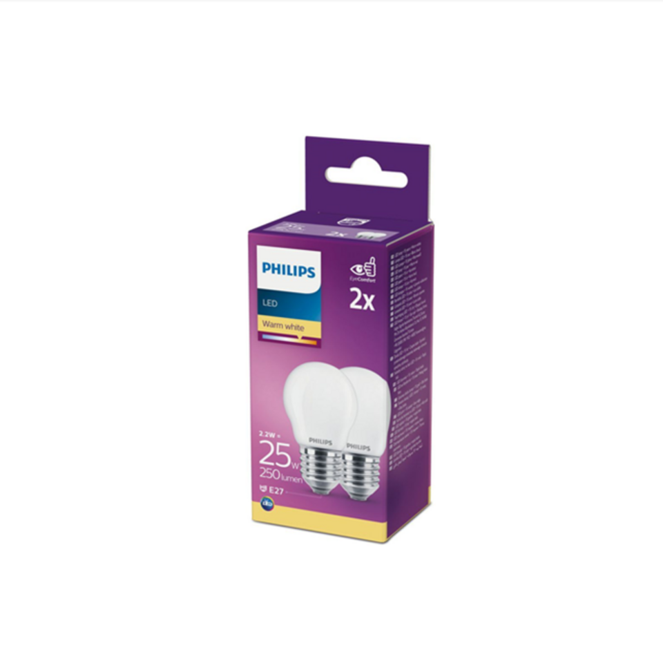 Philips LED Kronepære 2,2W(25W) 827 250lm. Opal E27 2-Pak