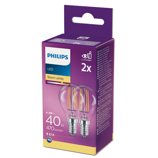 Philips LED Kronepære 4,3W(40W) 827 470lm. Klar E14 2-Pak