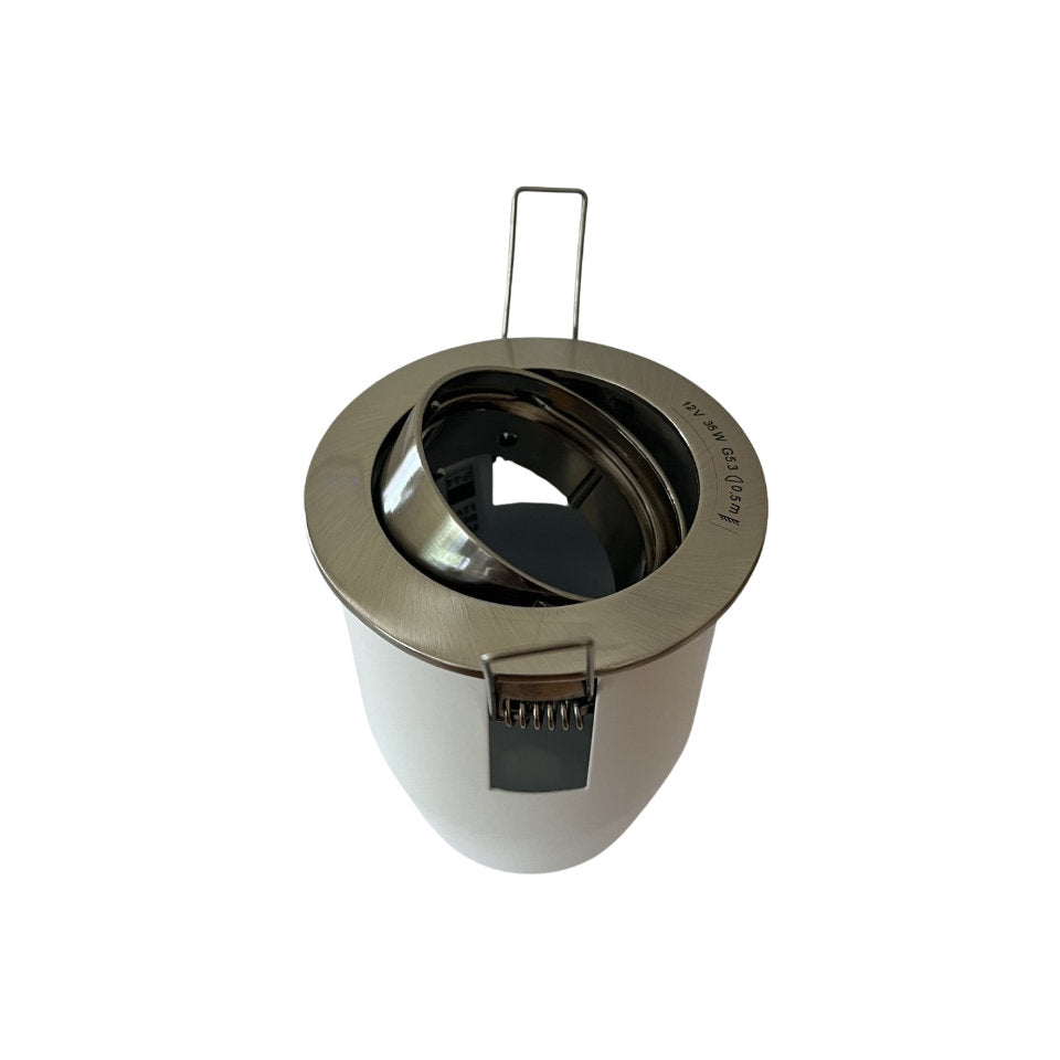 Flash Light Downlight MR16 G5.3 Ø83mm Kipbar 12V m/Bagdåse Børstet Stål