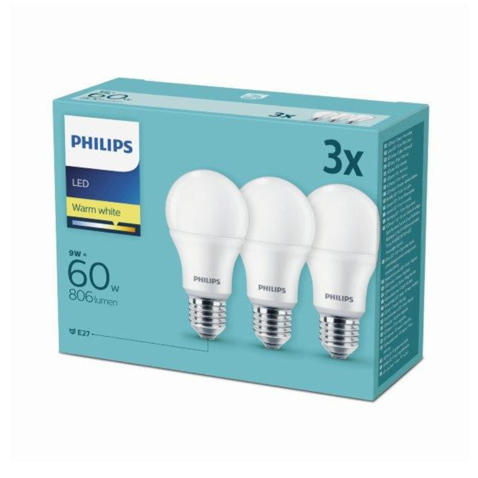 Philips LED Standardpære 9W(60W) 827 806lm Mat E27 3-Pak