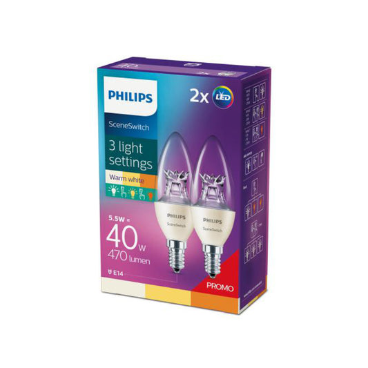 Philips LED Kertepære 5,5W 827-825-822 470lm SceneSwitch Klar E14 2-Pak