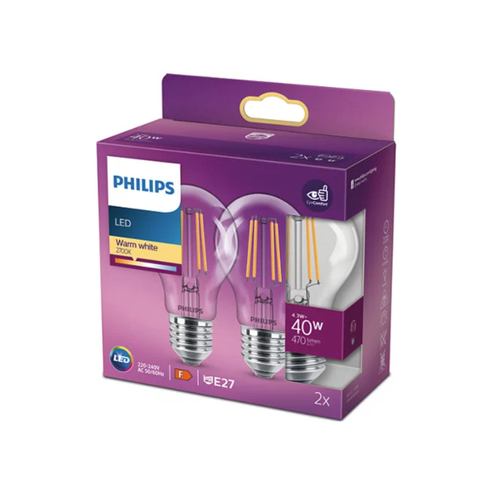 Philips LED Standardpære 4,3W(40W) 827 470lm Klar E27 2-Pak