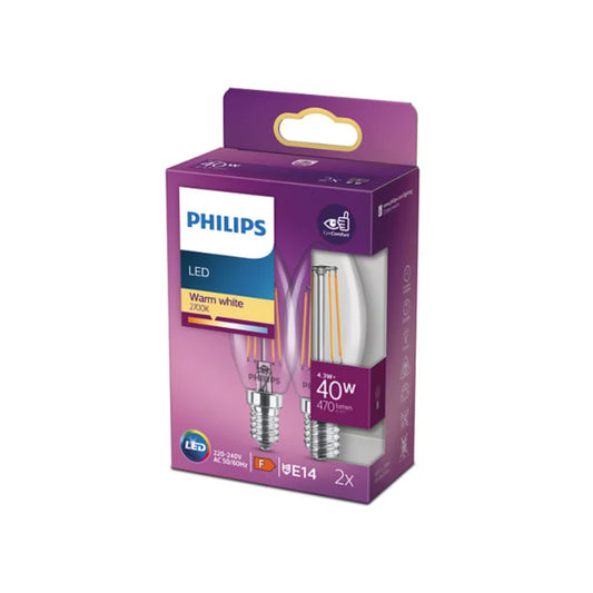 Philips LED Kertepære 4,3W(40W) 827 470lm Klar E14 2-Pak