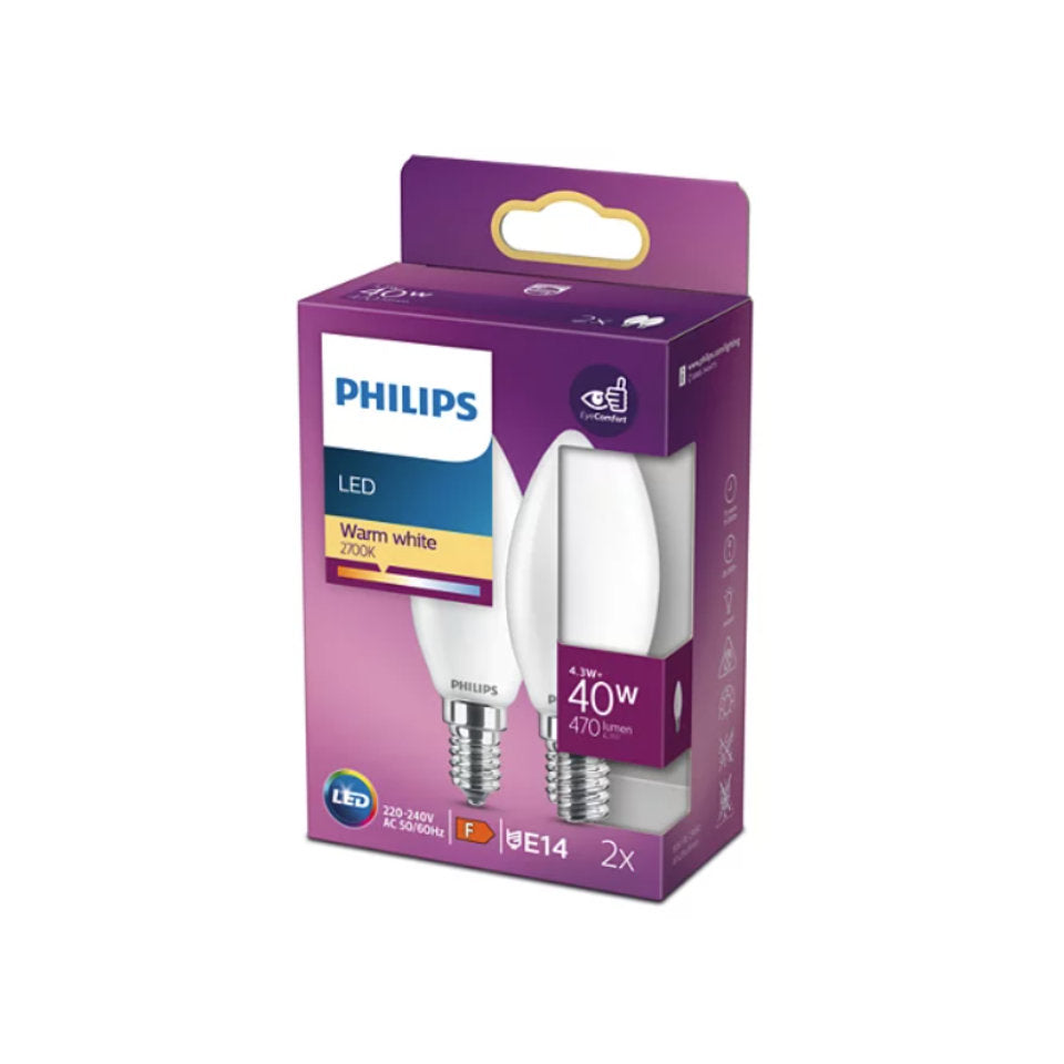 Philips LED Kertepære 4,3W(40W) 827 470lm Mat E14 2-Pak