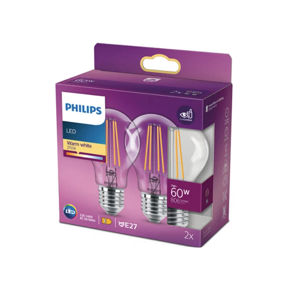 Philips LED Standardpære 7W(60W) 827 806lm Klar E27 2-Pak