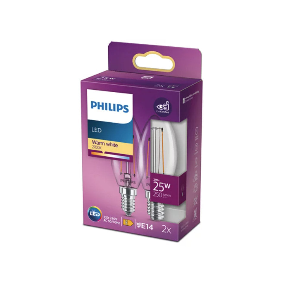 Philips LED Kertepære 2W(25W) 827 250lm Klar E14 2-Pak