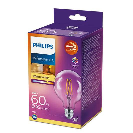 Philips LED Globepære 9W(60W) 922-927 806lm. WarmGlow Klar Ø95 E27