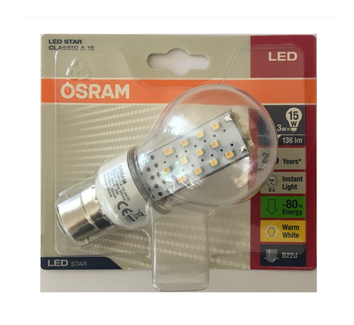 Osram LED Standardpære 3W(15W) 730 136lm Klar B22d