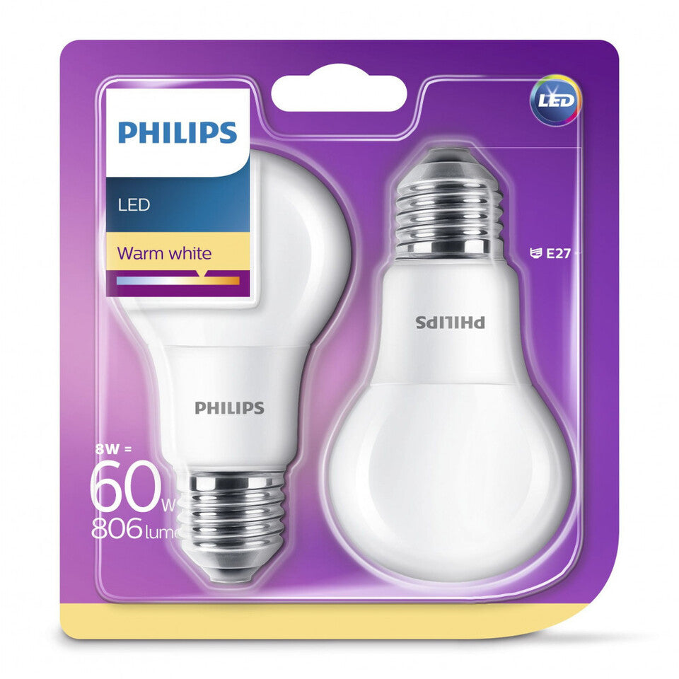 Philips LED Standardpære 8W(60W) 827 806lm. Opal E27 2-Pak