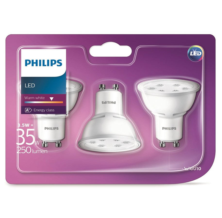 Philips LED GU10 3,5W(35W) 827 250lm. 36° Hvid 3-Pak