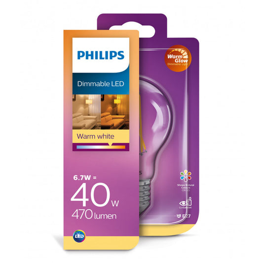 Philips LED Standardpære 6,7W(40W) 922-927 470lm. WarmGlow Klar E27