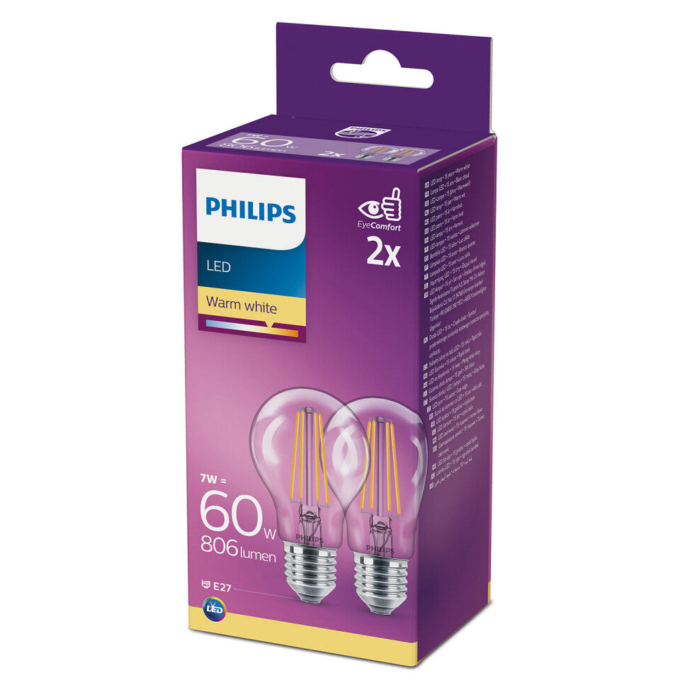 Philips LED Standardpære 7W(60W) 827 806lm. Klar E27 2-Pak