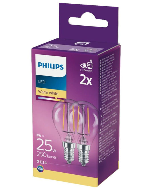 Philips LED Kronepære 2W(25W) 827 250lm. Klar E14 2-Pak