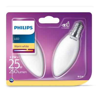 Philips LED Kertepære 2,2W(25W) 827 250lm. Opal E14 2-Pak