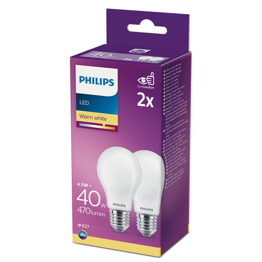 Philips LED Standardpære 4,5W(40W) 827 470lm. Opal E27 2-Pak