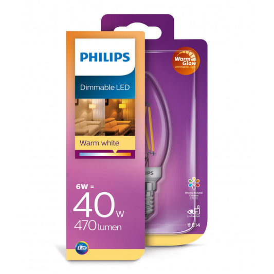 Philips LED Kertepære 6W(40W) 922-927 470lm. WarmGlow Klar E14