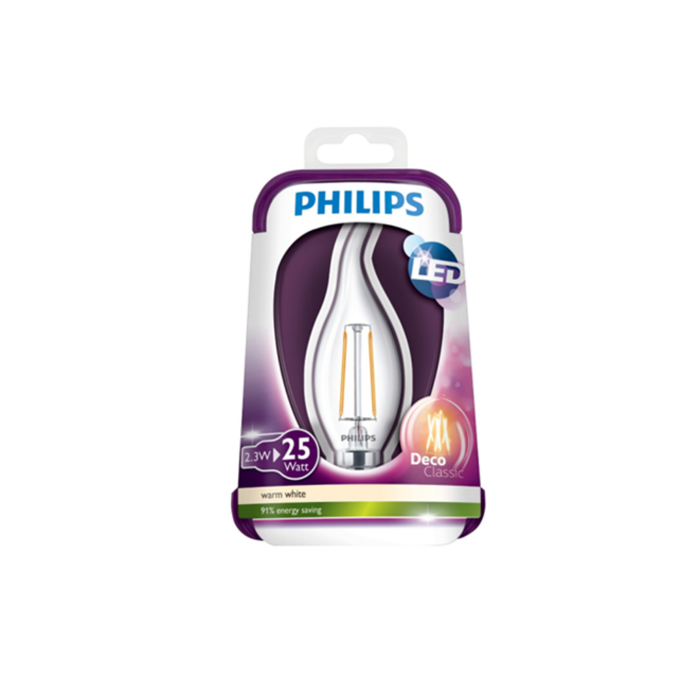 Philips LED Kertepære 2,3W(25W) 827 250lm Klar Vind E14