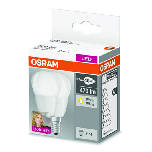 Osram LED Kronepære 5,7W(40W) 827 470lm. Opal E14 2-Pak
