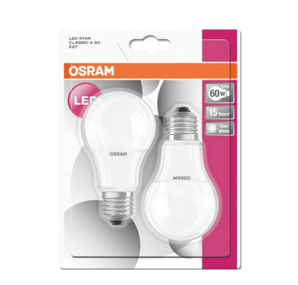 Osram LED Standardpære A60 9,5W(60W) 840 806lm. Mat E27 2-Pak