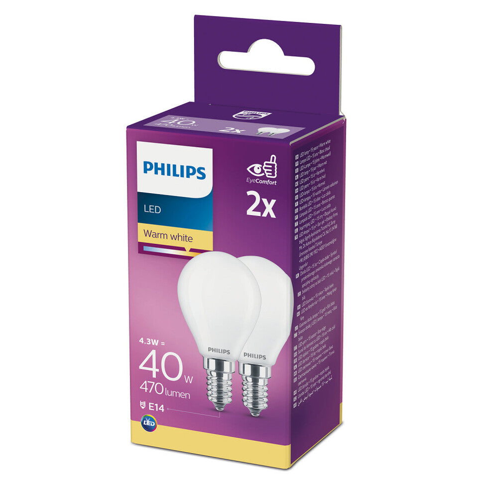 Philips LED Kronepære 4,3W(40W) 827 470lm. Opal E14 2-Pak