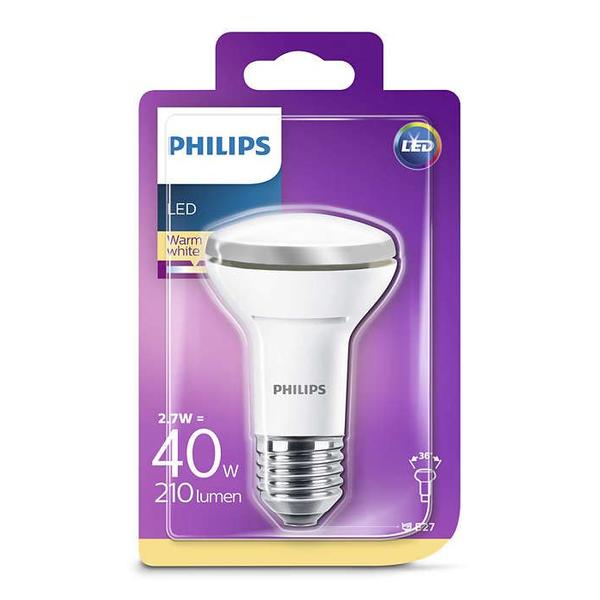Philips LED Reflektorpære R63 2,7W(40W) 827 210lm. 36° Hvid E27 – Scanlys